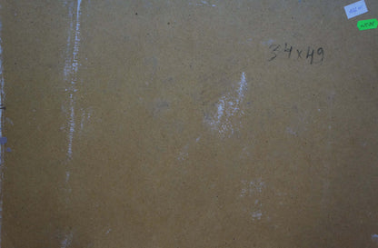 Back of Oil painting Sunflower field with tan textured surface, handwritten dimensions and adhesive labels