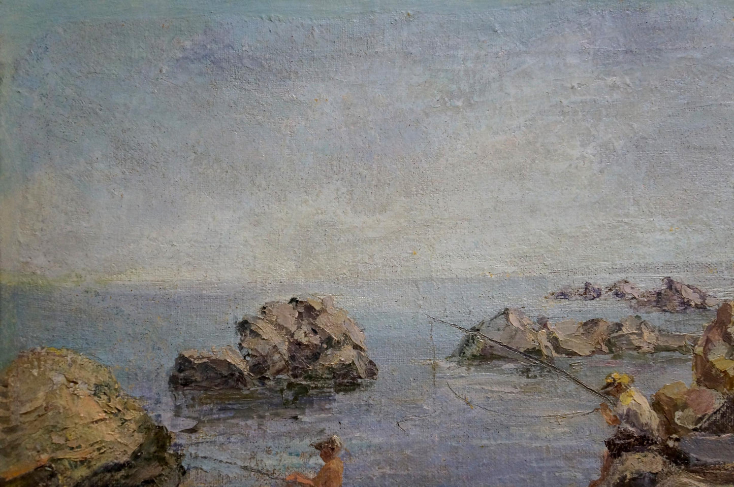 Oil painting Casting Lines from the Rocks: textured coastal scene with rocky outcrops and two figures fishing