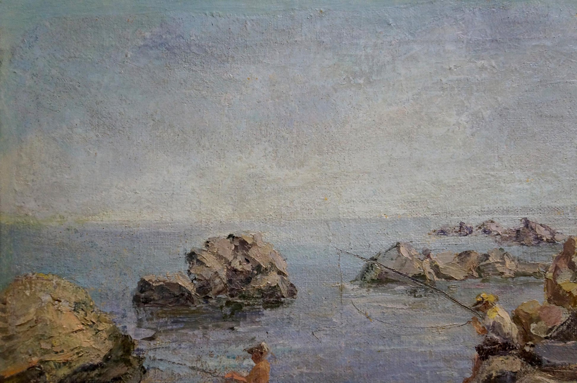 Oil painting Casting Lines from the Rocks: textured coastal scene with rocky outcrops and two figures fishing
