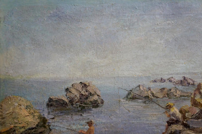 Oil painting Casting Lines from the Rocks: textured coastal scene with rocky outcrops and two figures fishing