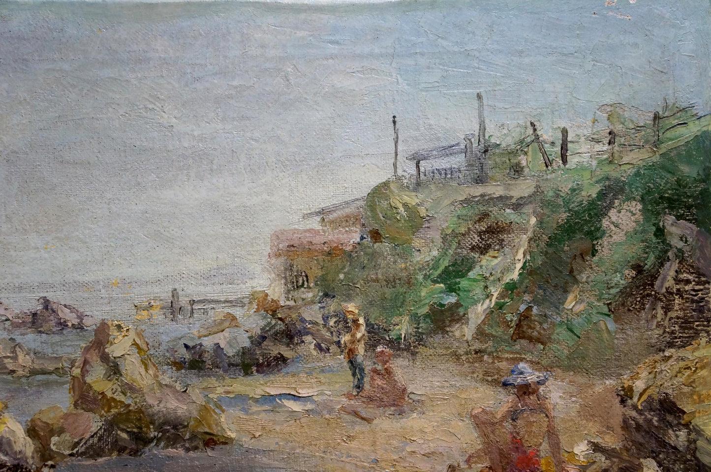 Oil painting Casting Lines from the Rocks: rocky coastal scene under overcast sky