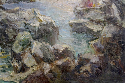 Oil painting Casting Lines from the Rocks: textured rugged rocks in earthy tones