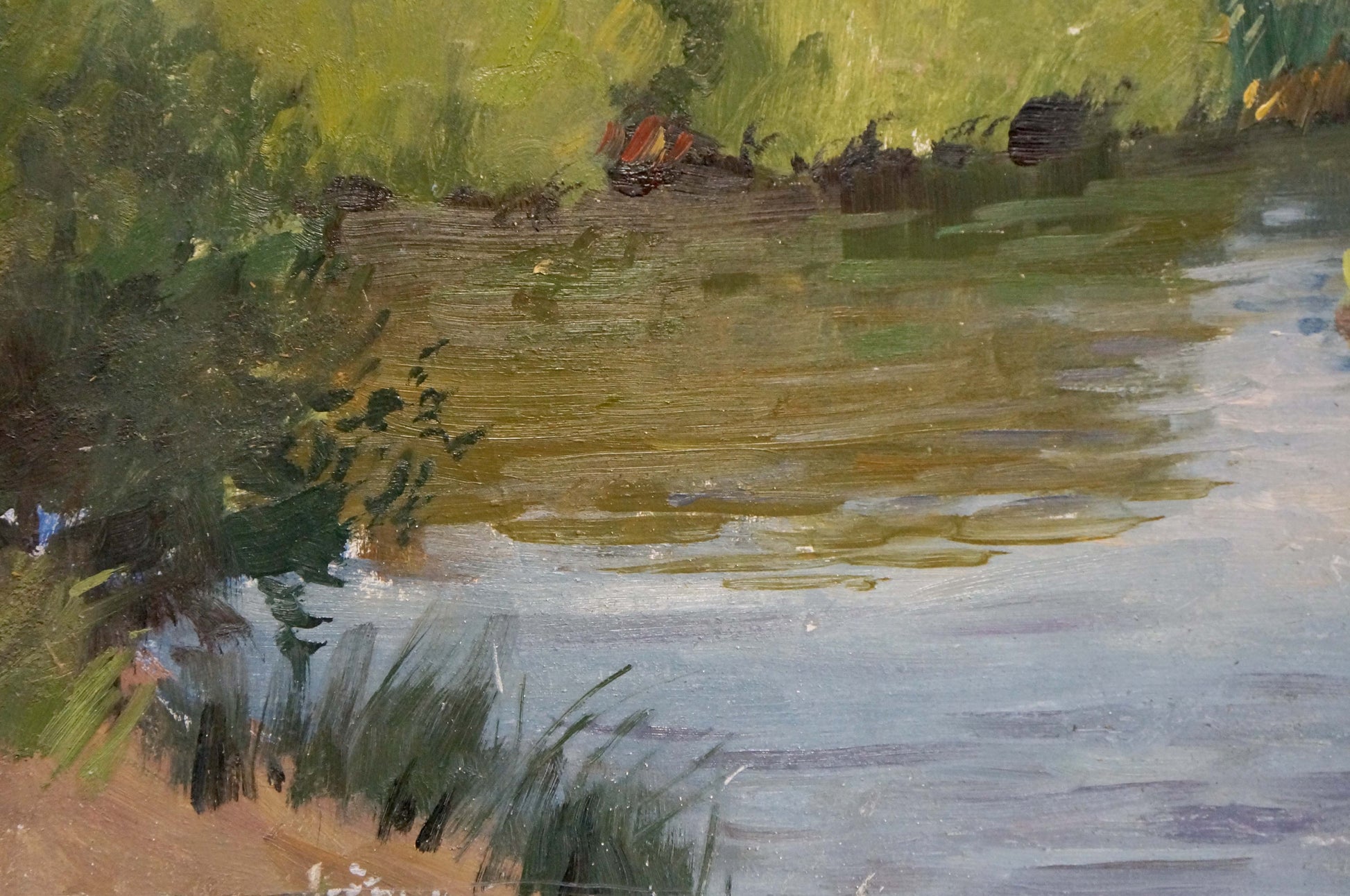 Oil painting of tranquil lake by Gantman Moses Faybovich with rippling reflections