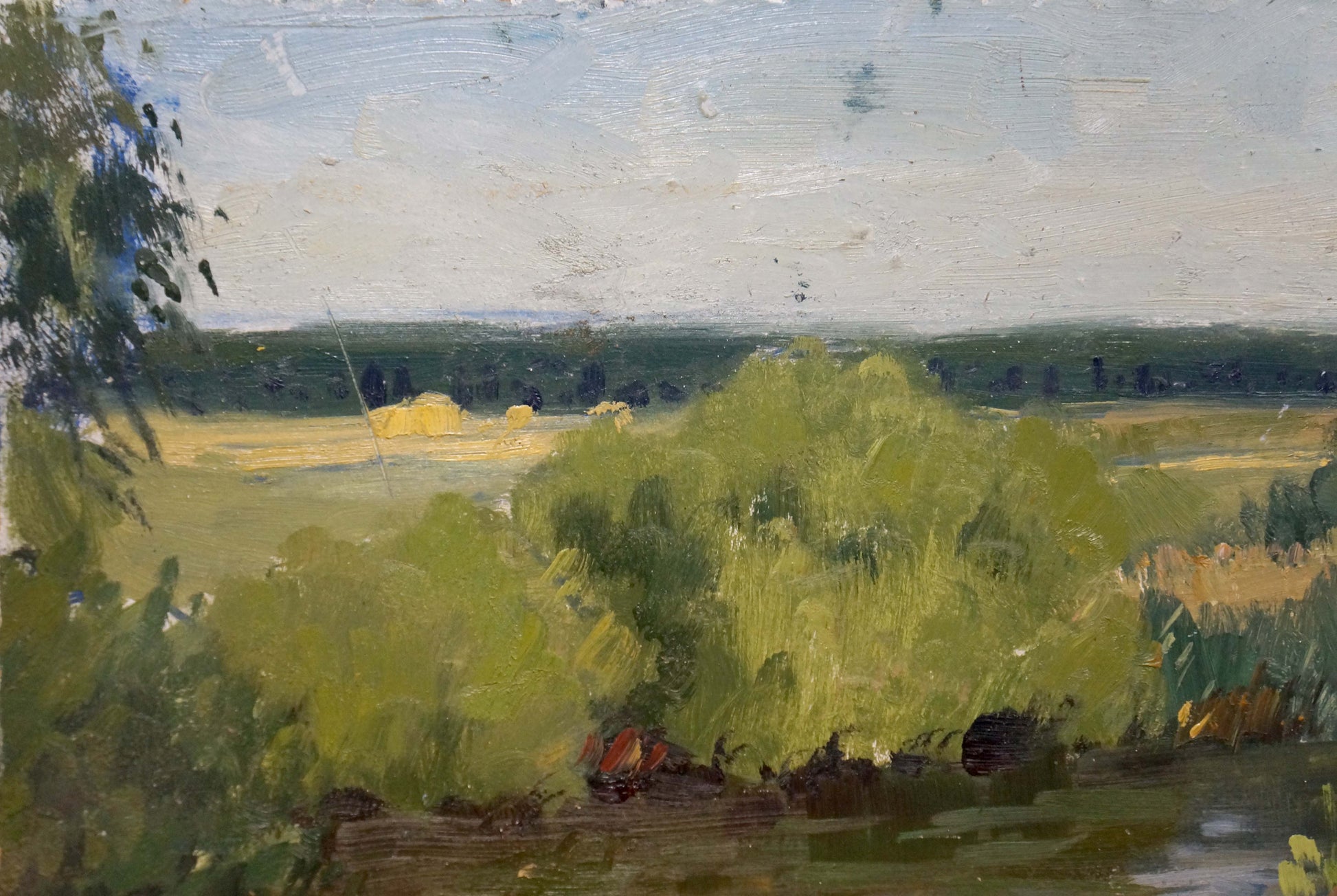 Oil painting by Gantman Moses Faybovich: serene lake landscape with green bushes, hay bales