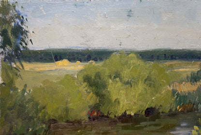 Oil painting by Gantman Moses Faybovich: serene lake landscape with green bushes, hay bales