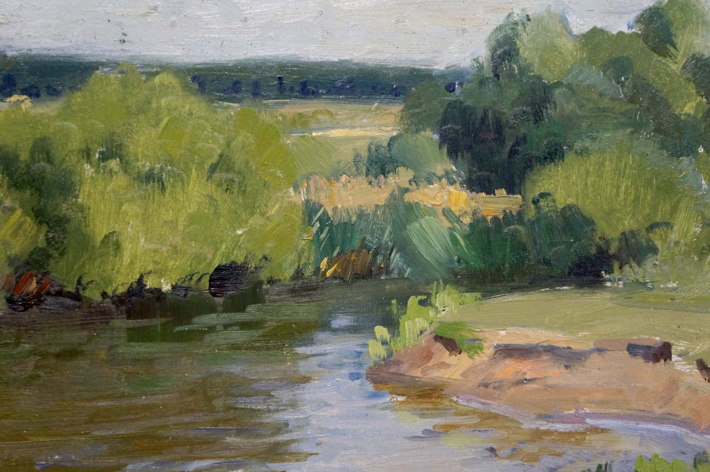 Serene impressionistic oil painting by Gantman Moses Faybovich of river in lush greenery