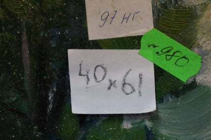 Back of oil painting Lake landscape Gantman Moses Faybovich textured green blue surface with notes