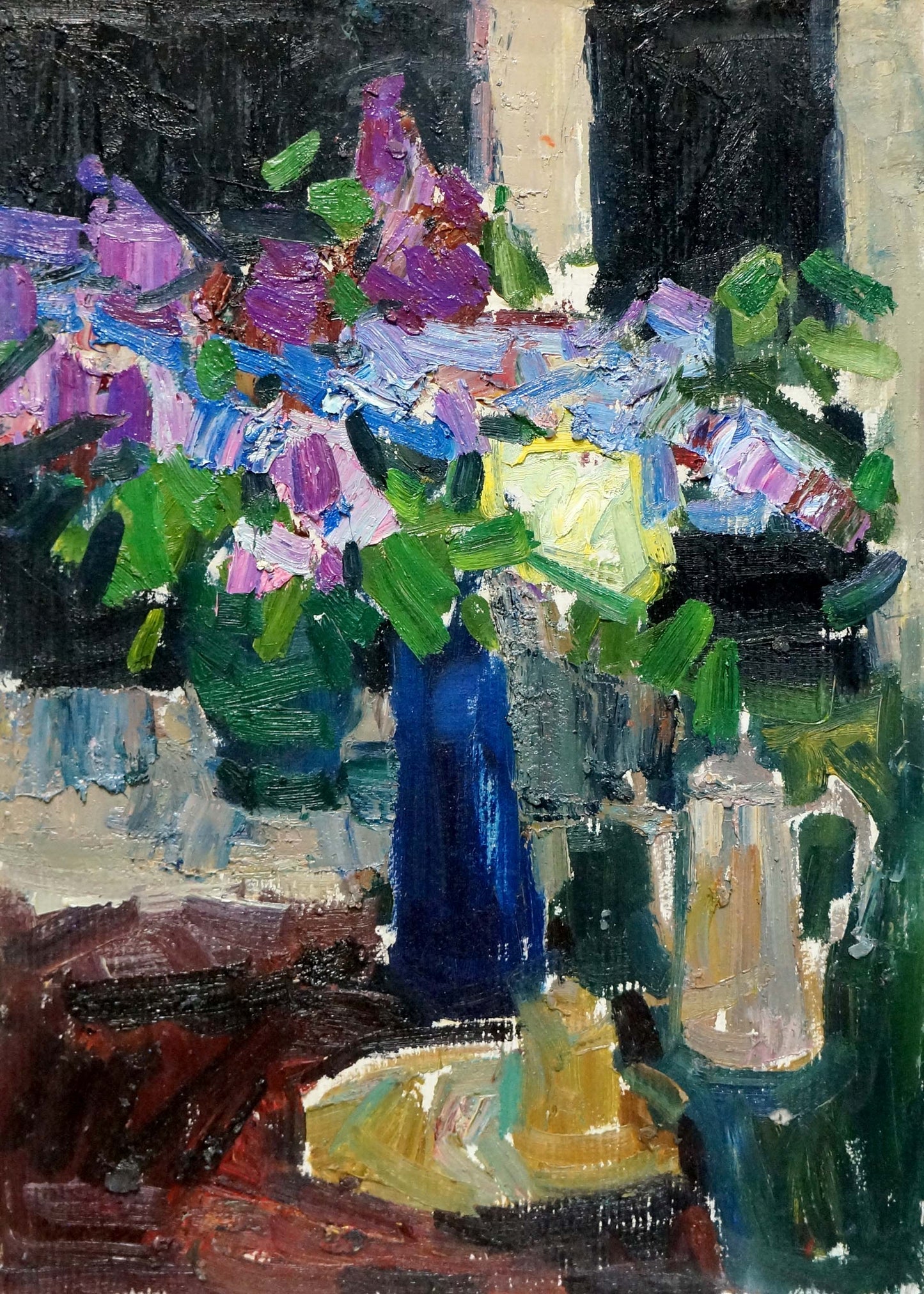 Oil painting Still life by Zaborovsky Leonid Alexandrovich, vibrant bouquet in blue vase