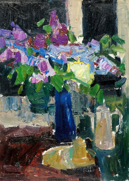 Oil painting Still life by Zaborovsky Leonid Alexandrovich, vibrant bouquet in blue vase