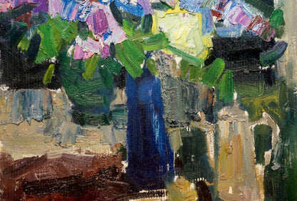 Vibrant impressionistic oil painting of bouquet in blue vase by Zaborovsky Leonid Alexandrovich