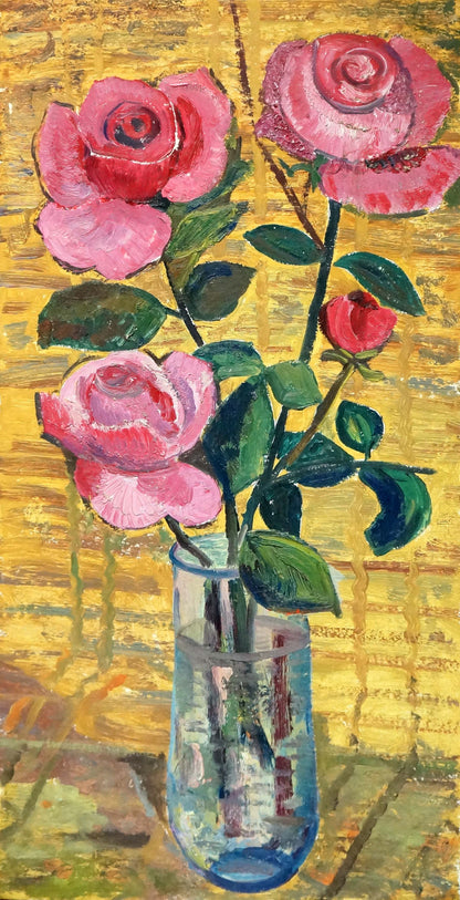 Oil painting Roses Les: three pink roses in clear glass vase on yellow background