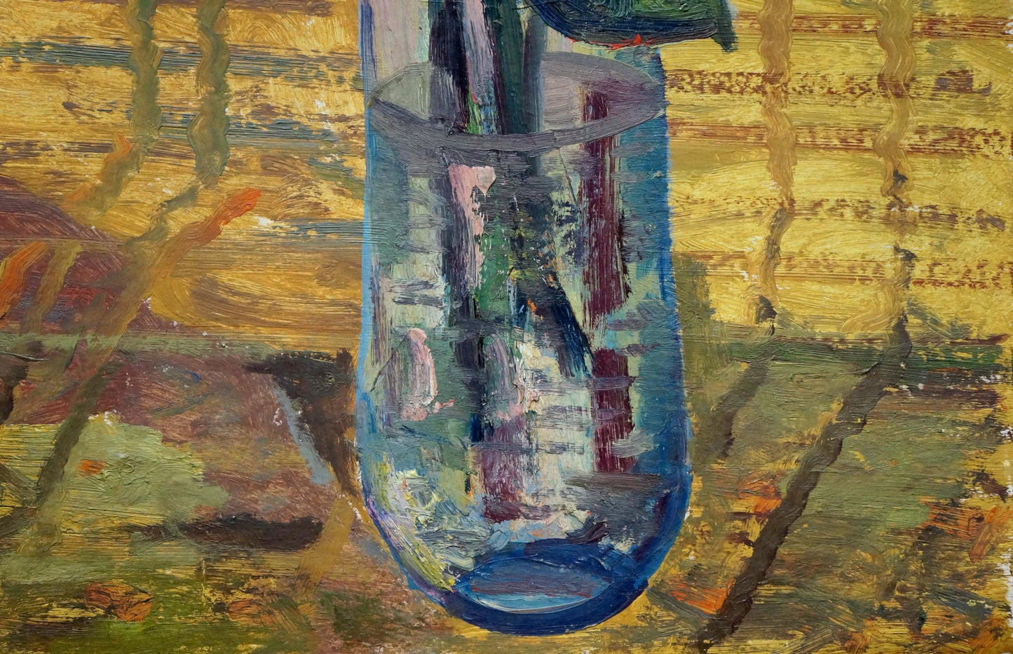 Oil painting Roses Lesʹ: translucent blue glass vase with dark-stemmed flowers on yellow background