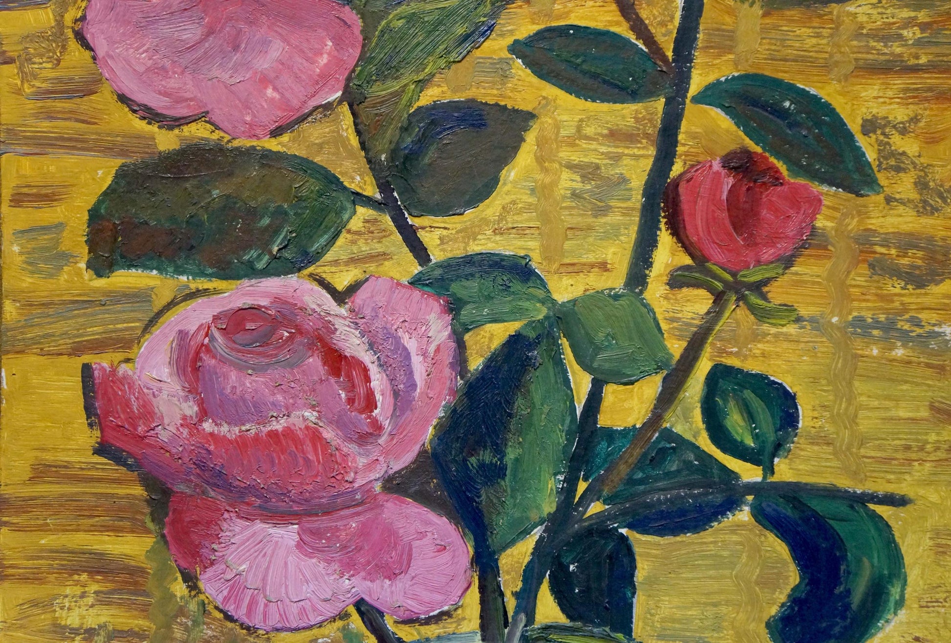 Oil painting Roses Les: vibrant pink rose with textured petals on gold background