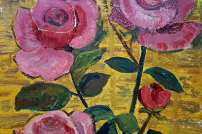 Oil painting Roses Les: vibrant pink roses with red centers on gold background
