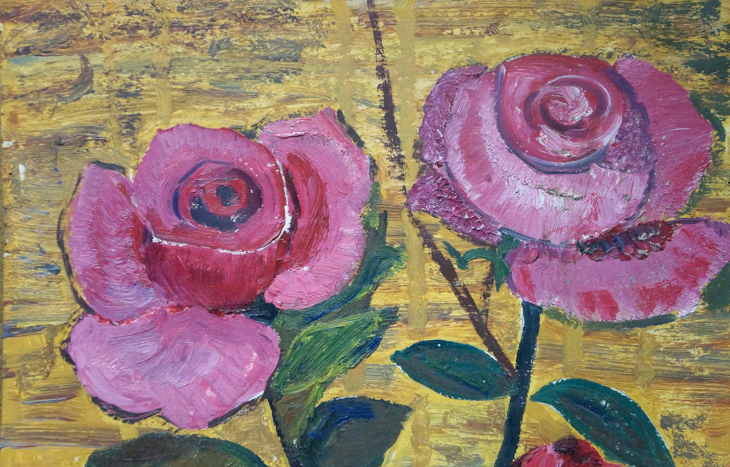 Oil painting Roses Lesʹ: vibrant pink roses with textured petals on golden background