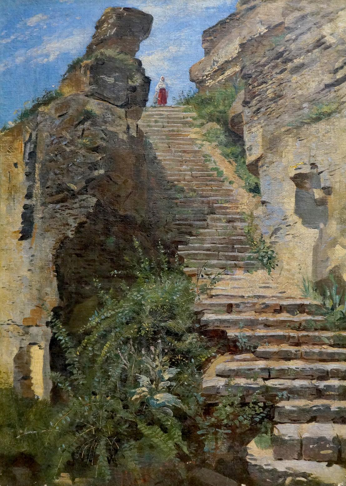 Oil painting of woman in red dress atop ancient mossy ruins stairs
