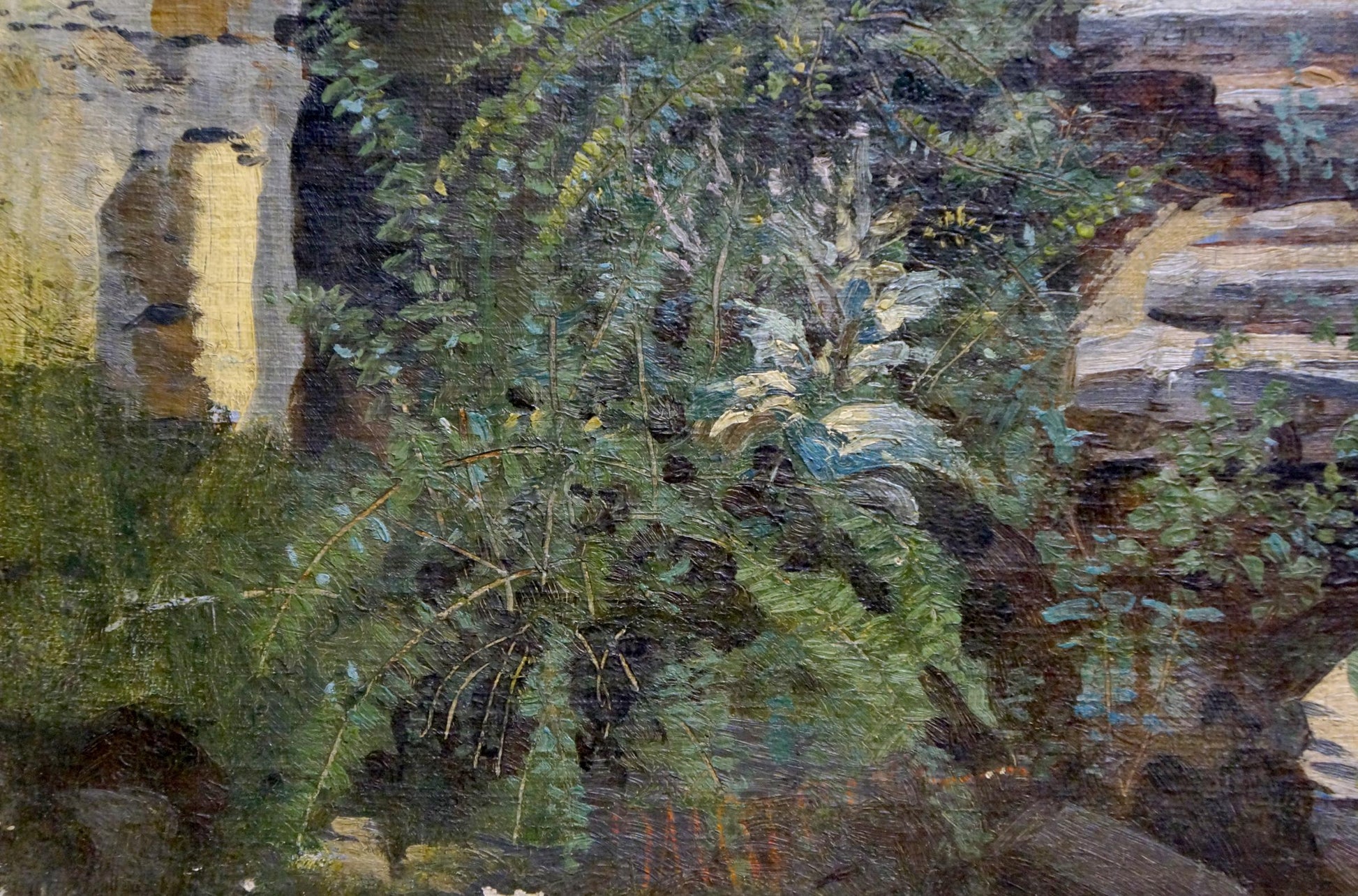 Textured oil painting of ivy-covered ancient stone ruins