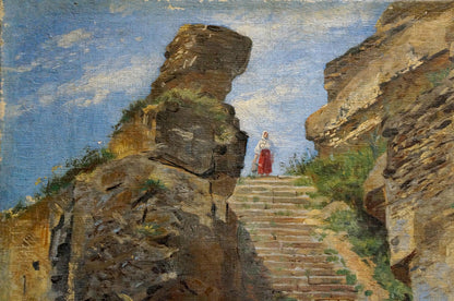 Oil painting of woman in red skirt atop stone steps amid ancient rock formations