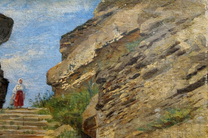 Oil painting of woman in white blouse and red skirt on stone steps by ancient cliff buildings
