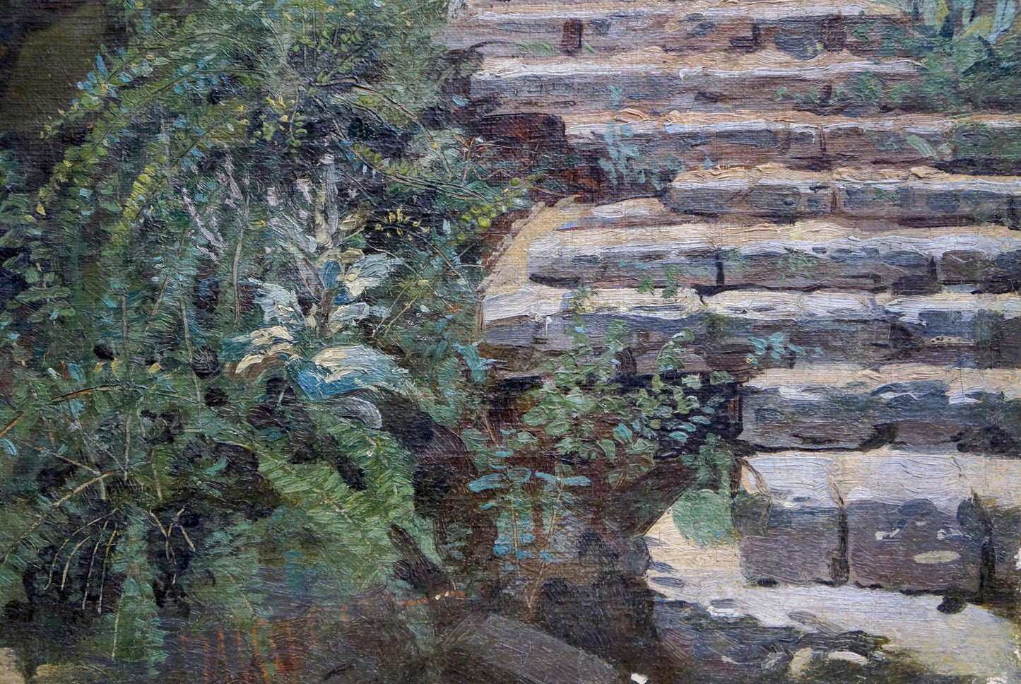 Oil painting of weathered stone steps with moss in ancient buildings