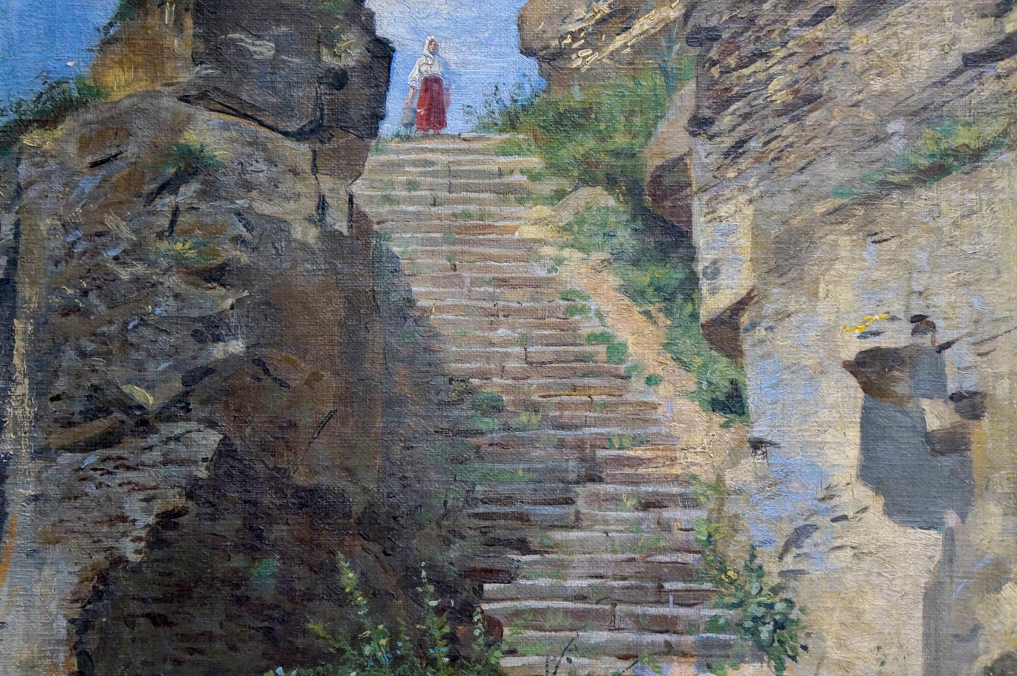 Oil painting of woman in white blouse red skirt atop ancient stone steps with mossy cliffs