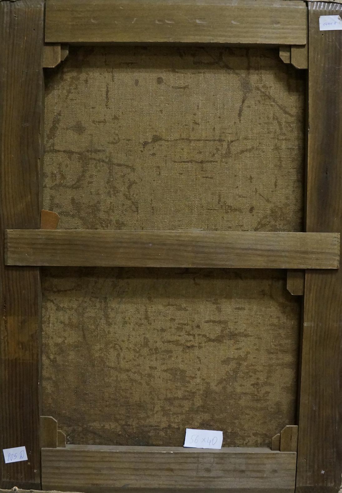 Back of Oil painting Ancient buildings with beige linen and wood grain
