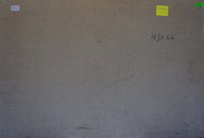 Back of Oil painting After the rain by Korostelev Vladimir Alexandrovich with beige textured canvas, handwritten dimensions and adhesive notes