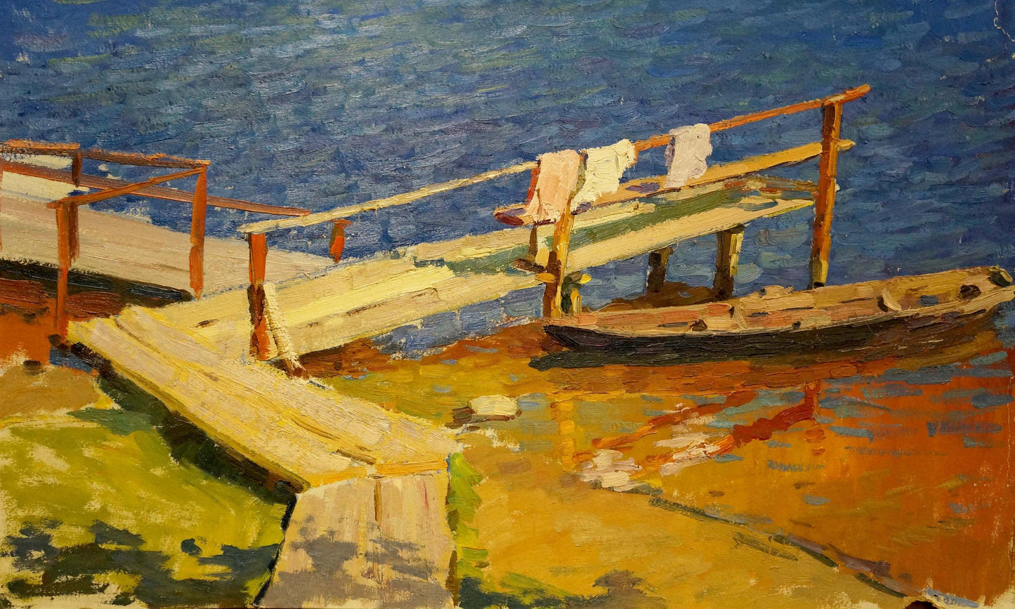 Oil painting of weathered dock, rusted railings and moored boat by Korostelev