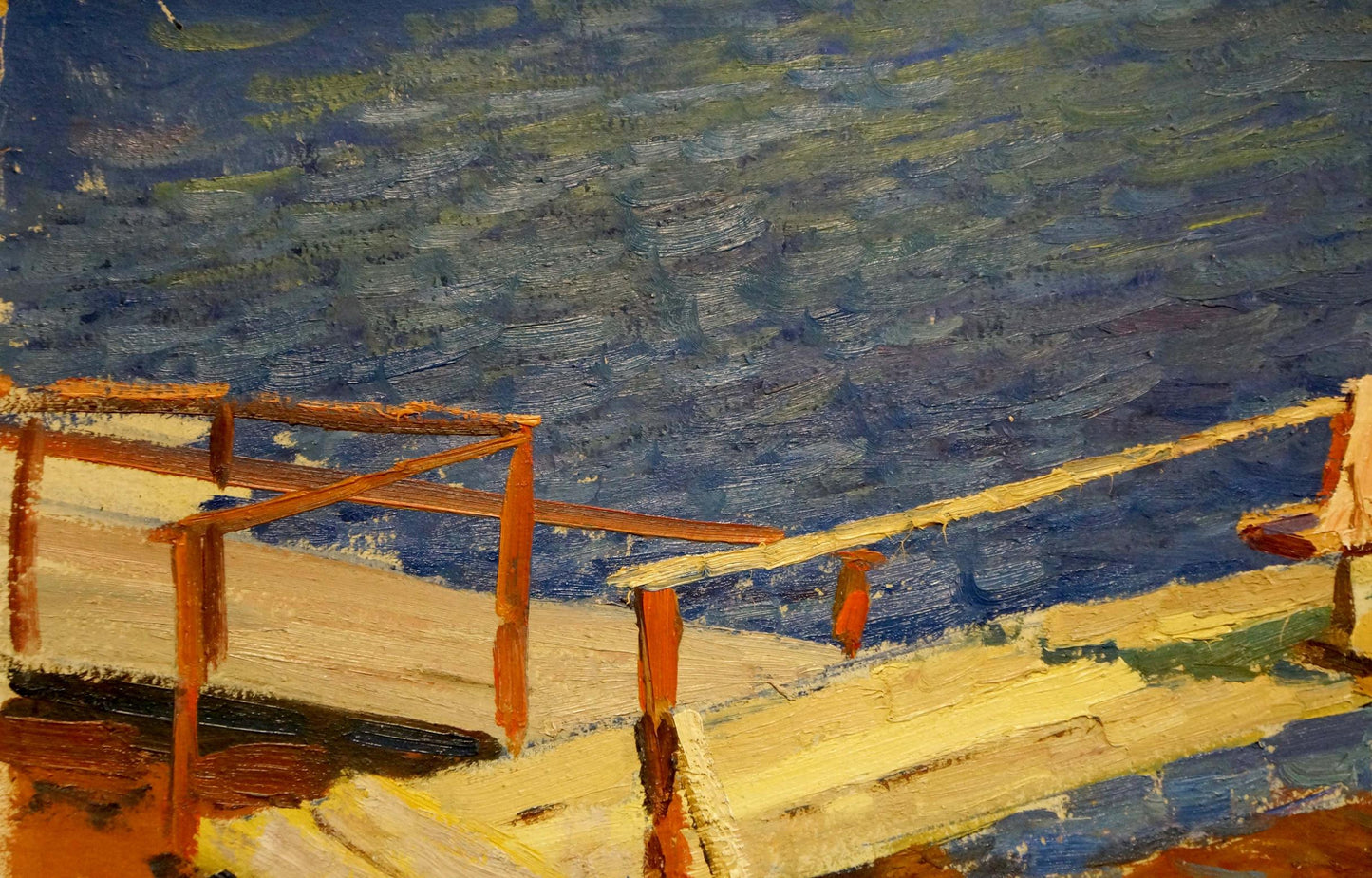 Oil painting of moored boat off coast by Korostelev Vladimir Alexandrovich