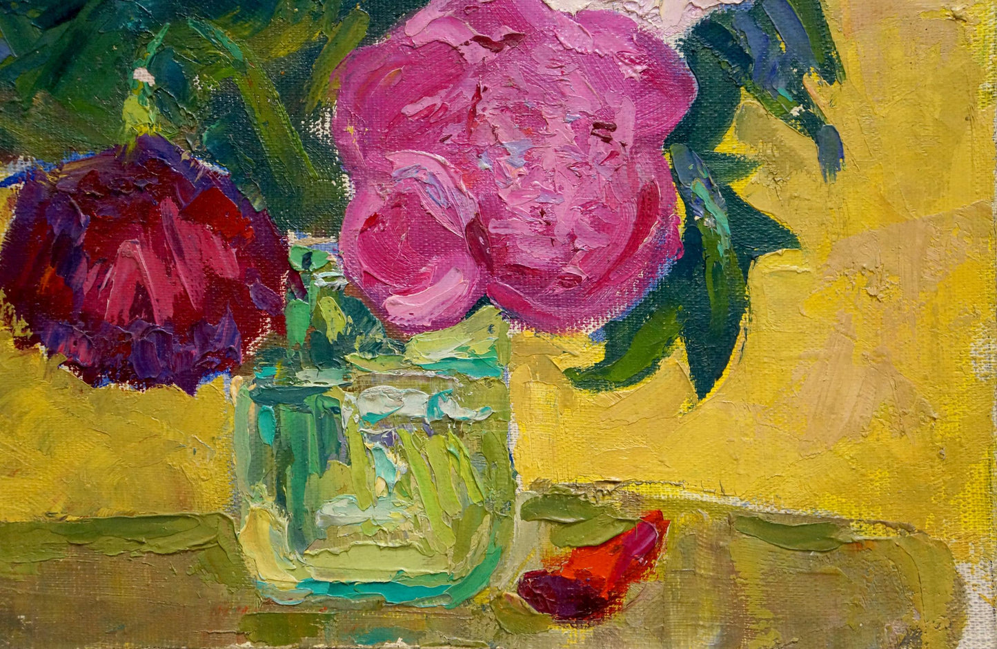 Oil painting of pink peony and red flower in green jar by Vandalovsky Sergey Viktorovich