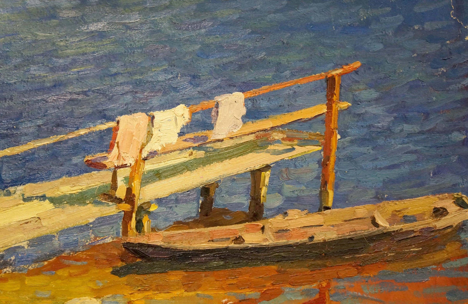Oil painting of moored boat off coast by Korostelev Vladimir Alexandrovich