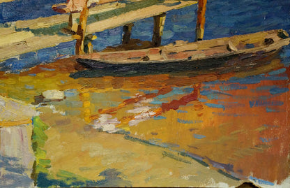Oil painting of weathered wooden boat moored off coast by Korostelev Vladimir Alexandrovich