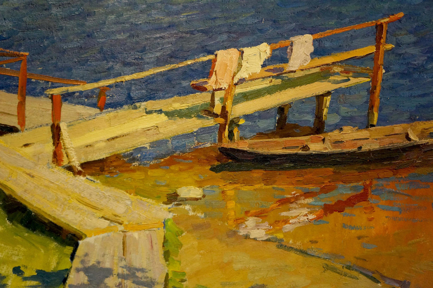 Oil painting of weathered dock, faded yellow paint, moored boat by Korostelev
