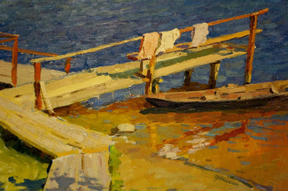 Oil painting of weathered dock, faded yellow paint, moored boat by Korostelev