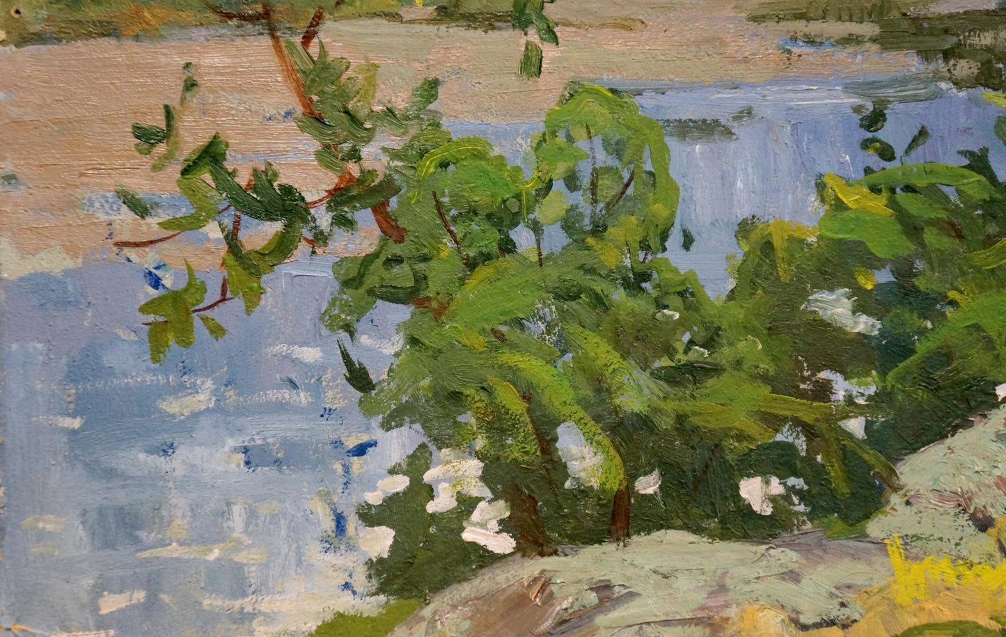 Impressionistic vibrant green bush with white blossoms by Korostelev