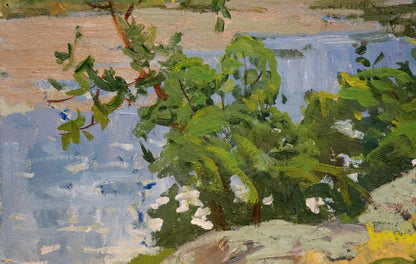 Impressionistic vibrant green bush with white blossoms by Korostelev
