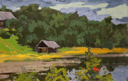 Rustic cabin by pond in Korostelev Vladimir Alexandrovich oil painting