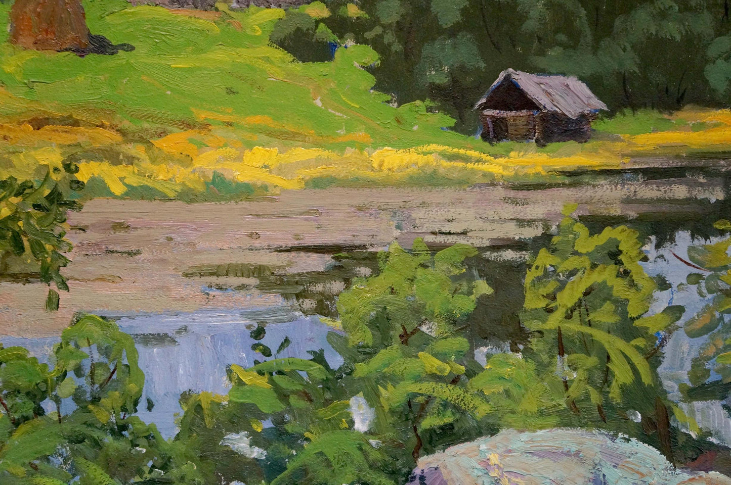 Oil painting of rustic shed by lake by Korostelev Vladimir Alexandrovich