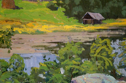 Oil painting of rustic shed by lake by Korostelev Vladimir Alexandrovich