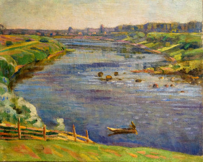 Serene impressionistic oil painting by Nevkrytyy D. N.: river through hills with rowboat