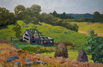 Oil painting by Korostelev Vladimir Alexandrovich: weathered wooden structure in sunlit field
