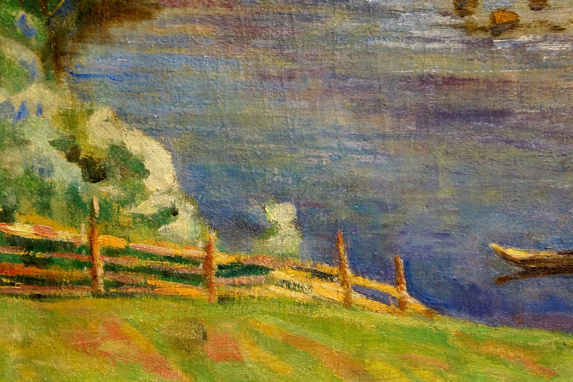 Oil painting River landscape by Nevkrytyy D.N.: ochre fence, purple sky, boats
