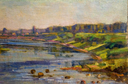 Oil painting River landscape Nevkrytyy D. N. impressionistic river with hills