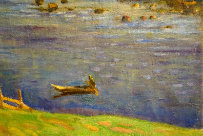 Oil painting by Nevkrytyy D.N.: solitary wooden rowboat on blue-green river