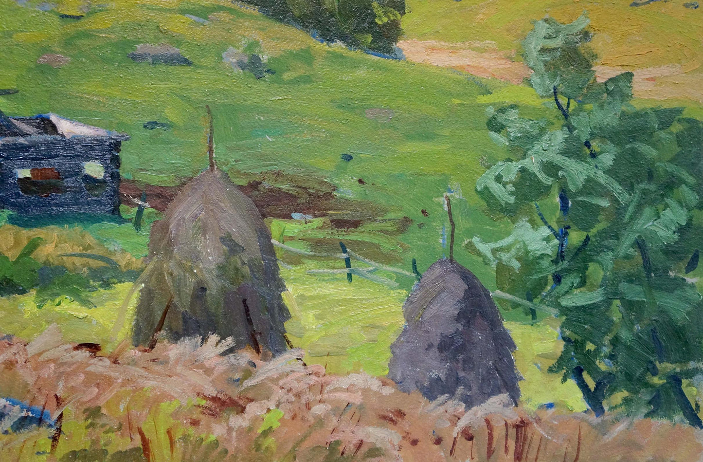 Oil painting by Korostelev Vladimir Alexandrovich: two rustic brown hay bales in vibrant green field