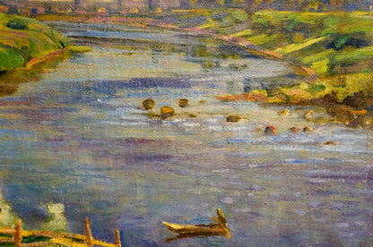 Oil painting River landscape by Nevkrytyy D.N.: rowboat on impressionistic blue-green river