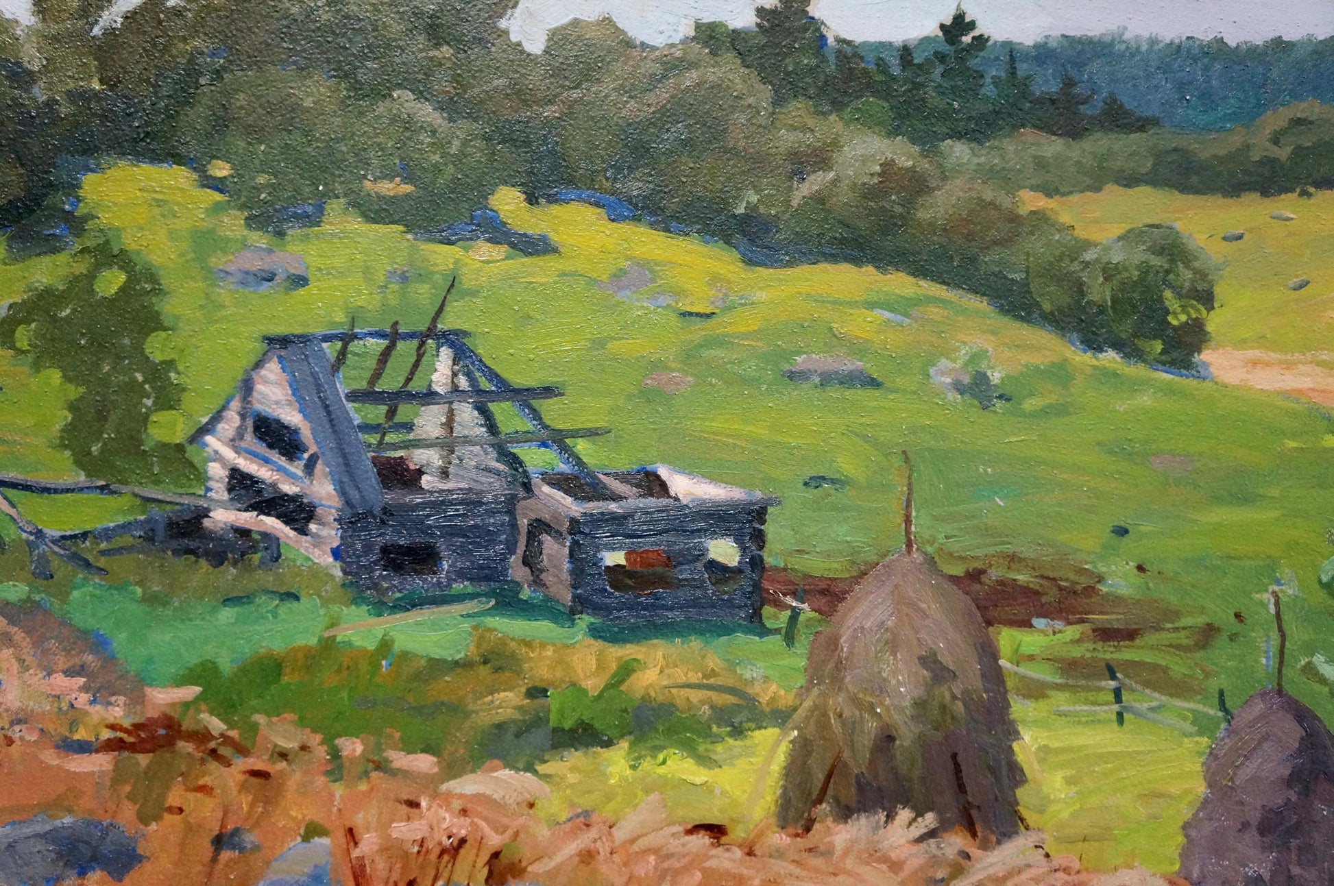 Oil painting by Korostelev Vladimir Alexandrovich: weathered dark blue barn in green field
