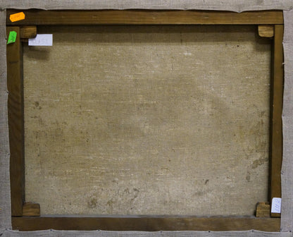 Back of wooden-framed Oil painting River landscape Nevkrytyy D. N. with beige linen canvas