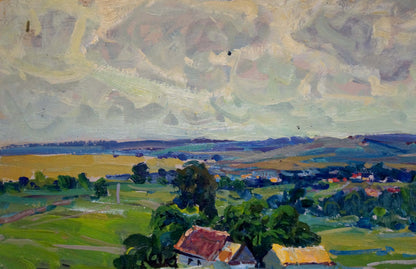 Oil painting Rustic romance in silence by Anatoly Fomin: vibrant impressionist hills and village