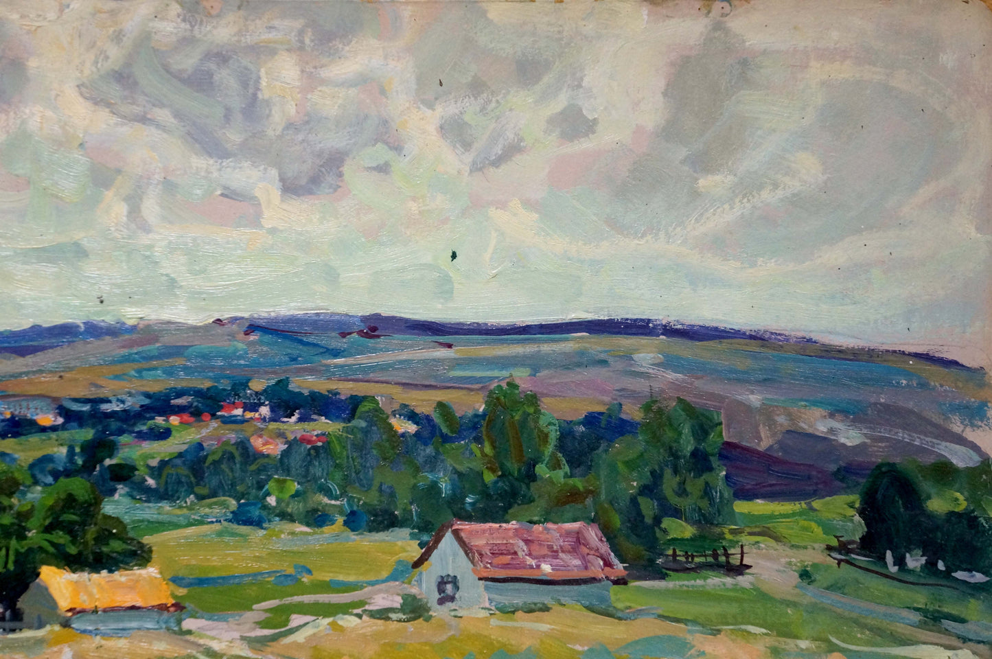 Oil painting Rustic romance in silence by Anatoly Fomin: rolling hills village cloudy sky